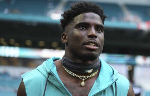 Tyreek Hill looks on prior to the Miami Dolphins' preseason game against the Atlanta Falcons at Hard Rock Stadium on August 9.